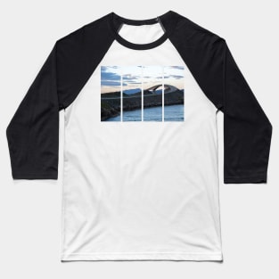 Wonderful landscapes in Norway. Vestland. Beautiful scenery of famous bridges on the Atlantic Road scenic route. Calm sea at the sunset in a cloudy day. Sunrays through clouds. Baseball T-Shirt